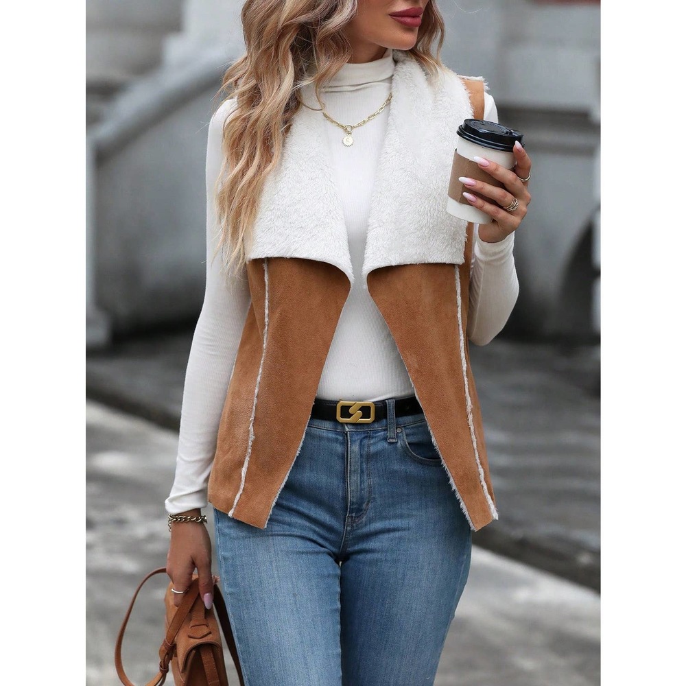 Teddy shearling Lined Open Front Vest vegan suede